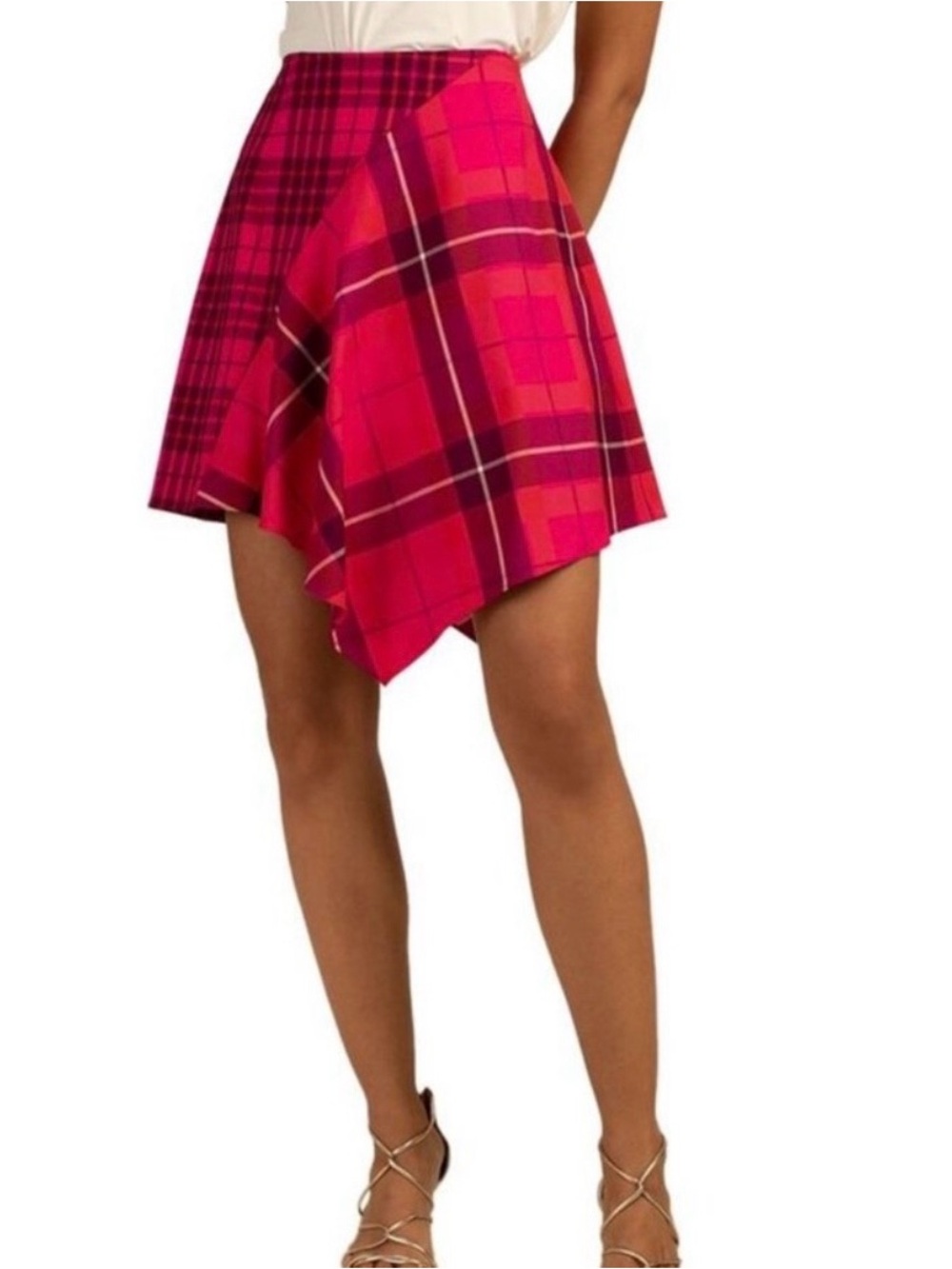 Trina Turk Pink Plaid Asymmetrical Hem Skirt Sz 2 fashion business office wear